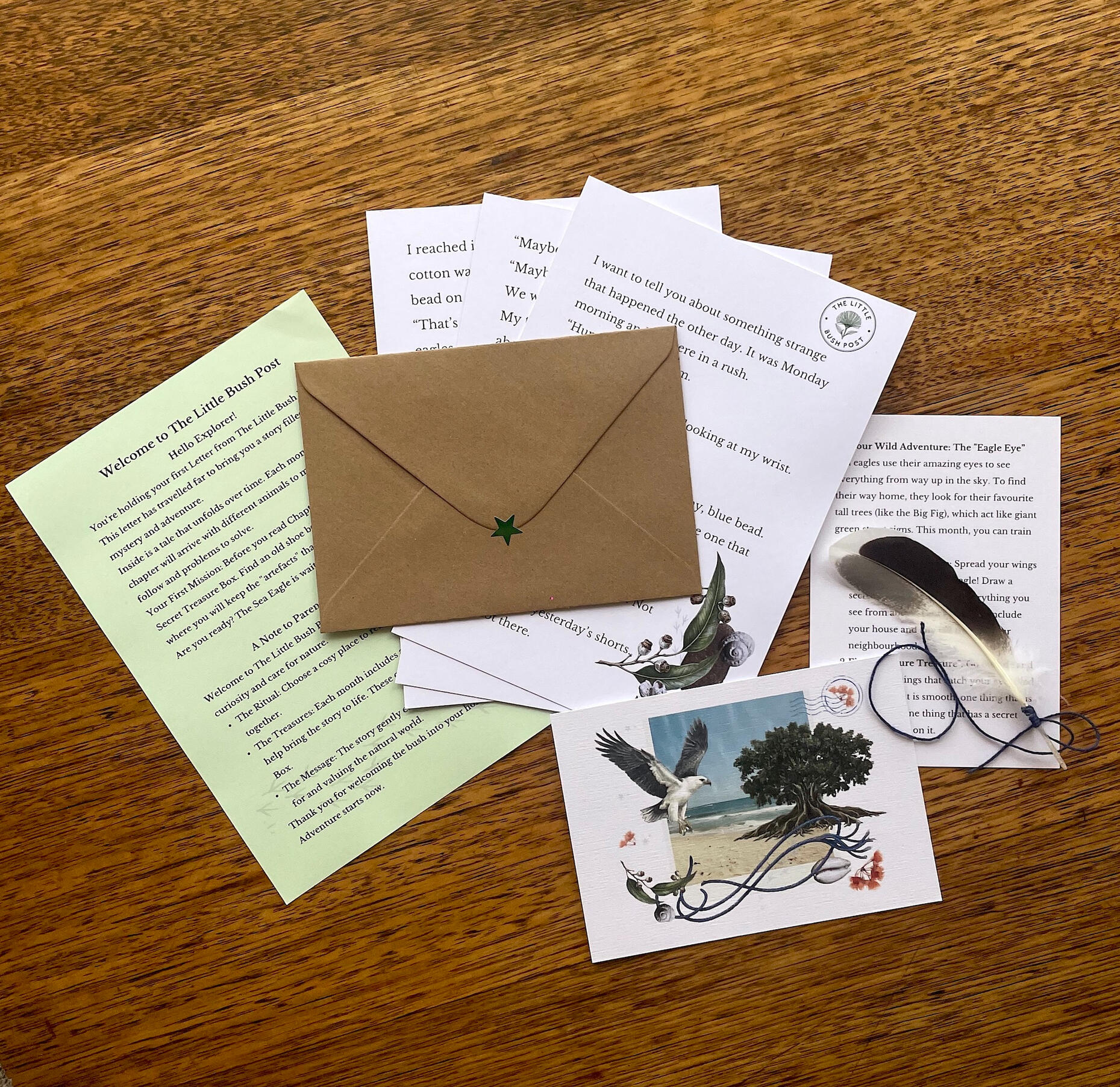 A flat-lay of The Little Bush Post, a nature story-by-post subscription for children aged 3 to 8 years.